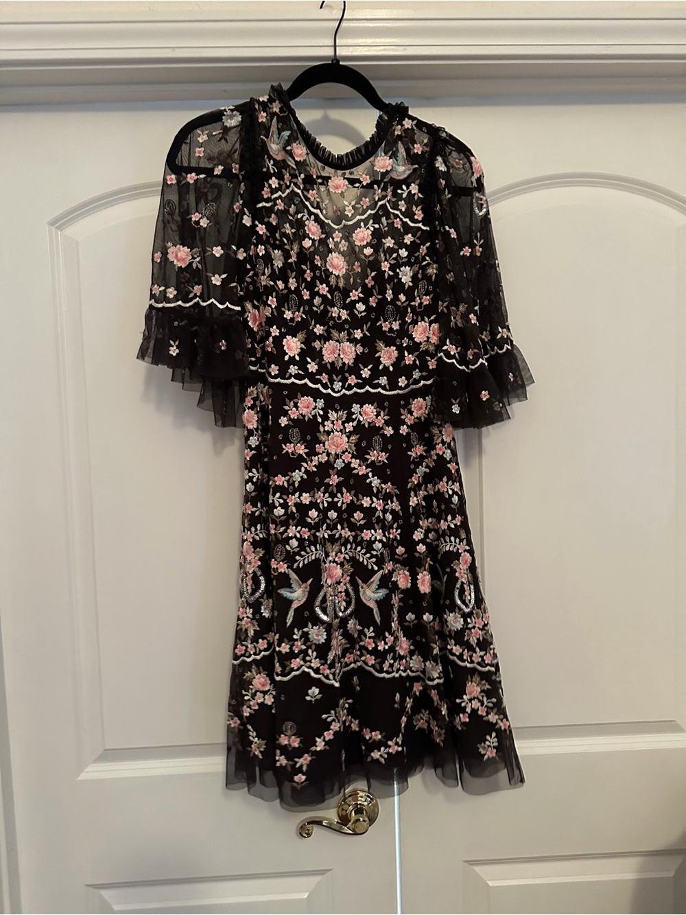 Needle & Thread Black Midi Dress with Pink Floral Embroidery